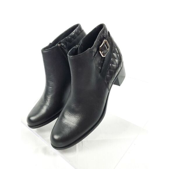 Munro Black Leather Ankle Boots low heel cross stick detail ankle buckle 7N - Picture 1 of 9